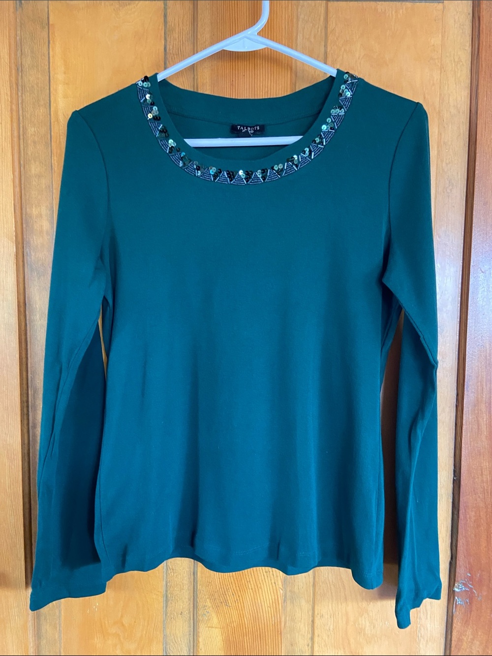 Talbots Forest Green Long-Sleeve Embellished Neck Tee